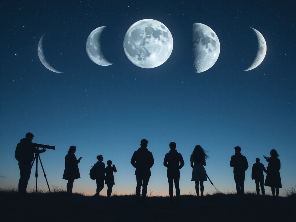 Diverse group observing different phases of qué luna estamos