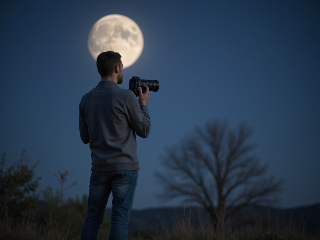 Individual observing full moon with professional camera for lunar photography
