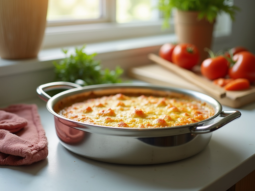 Silver broiler pan for gratin dishes on modern kitchen countertop