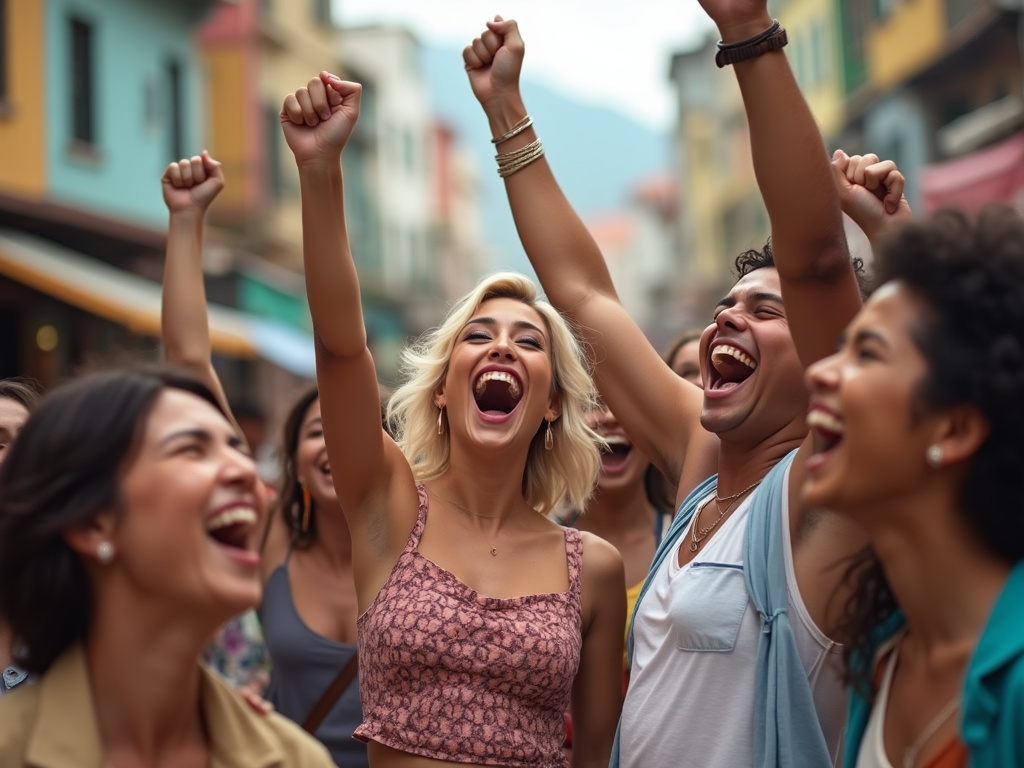 Diverse group celebrating after winning lotería de Boyacá in Colombia